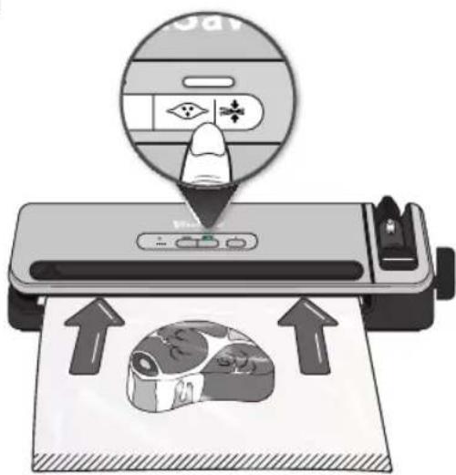 Diagram illustrating a food processing machine with a hand pointing to a labeled control panel and a photo of a slice being processed.