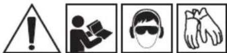 Four black-and-white warning symbols: warning triangle, person using a device, sunglasses, and hand gesture