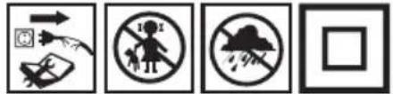 Four safety symbols and icons: hand holding a phone, no warning sign, attack symbol, and blank square.