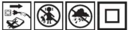 Four safety symbols and icons: warning, no violations, attack, and blank square