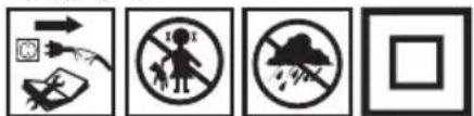 Four black-and-white safety symbols: warning sign, no sign, smoke, and square outline