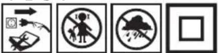 Four safety symbols and icons: hand holding a phone, no pictogram, smoke, and warning sign