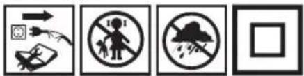Four black-and-white safety symbols: warning sign, pictogram, no-drum, and prohibition sign.