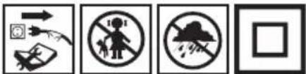 Four black-and-white safety symbols: warning sign, no pictogram, smoke, and noise.