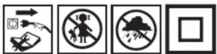 Four safety symbols and icons: hand holding a phone, no warning sign, attack with lightning, and no warning sign.