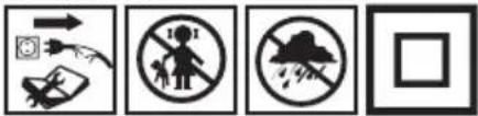 Four black-and-white safety symbols: warning sign, no pictogram, smokestack, and explosion hazard