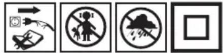 Four safety symbols and icons: lightning, no-drum, cloud, and blank square