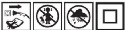 Four safety symbols and icons: warning sign, hazard symbol, no hazard symbol, and blank square