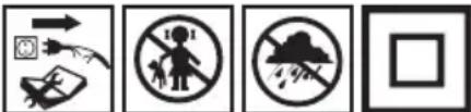 Four black-and-white safety symbols: warning sign, pictogram, no-districting person, cloud with rain, and blank square.