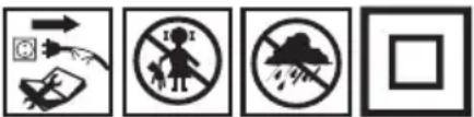 Four safety symbols and icons: hand holding a phone, no warning sign, cloud with rain, and blank square.