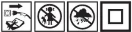 Four safety symbols and icons: warning sign, no warning sign, cloud with lightning, and blank square