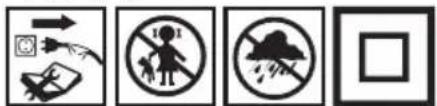 Four black-and-white pictograms showing different types of workplace hazards: hand motion, no litter, cloud, and blank square.
