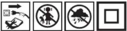 Four safety symbols and icons: hand holding a phone, no warning sign, cloud with lightning, and blank square.