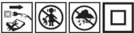 Four black-and-white safety symbols: warning sign, fire extinguisher, no-dreduction, and prohibition sign.