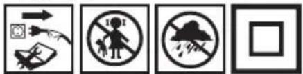 Four black-and-white pictograms showing different workplace safety symbols: a hand holding a phone, a person holding a device, a person holding a rain, and a cloud with rain.