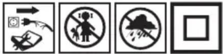 Four safety symbols and icons: warning, no litter, cloud, and blank square