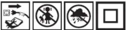 Four black-and-white safety symbols: hand holding a phone, no warning sign, attack, and warning sign with lightning.