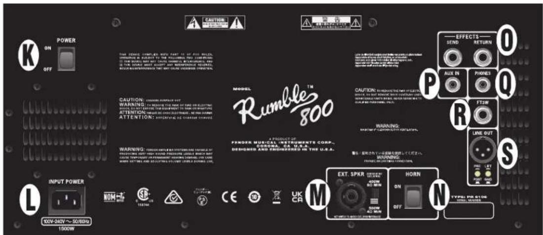 POWER ON OFF 100V-240V ~ 50V60Hz 1500W CAUTION: CURRENT OUTPUT OUT WARNING: CURRENT OUTPUT OUT OF RUMBLE 800 ATTENTION: CURRENT OUTPUT OUT OF RUMBLE 800 WARNING: CURRENT OUTPUT OUT OF RUMBLE 800 MODEL TM Rumble 800 A PRODUCT OF PENDER MUSICAL INSTRUMENTS CORP. COSKING, OR U.S.A. DESIGNED AND REPRODUCED IN THE U.S.A. WARNING: MOUNT TO COLD WITH CONTROL Panel MAX: - 高度的开关和电源将要使用该功能。 WARNING: PRIME ON LIME ON POWER EXT. SPKR HORN ON OFF TYPE PRESTO OFF EFFECTS SEND RETURN AUX IN PHONES FTSW LINE OUT PRE LET OUT SOD
