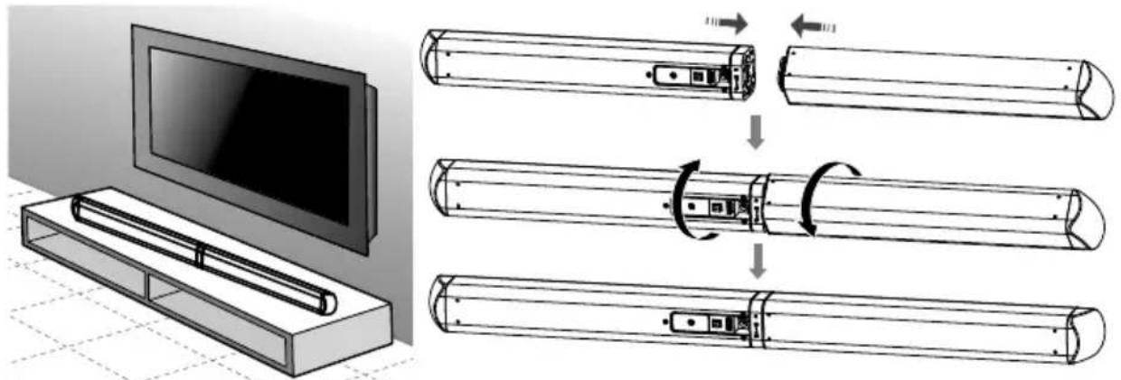 Diagram illustrating the assembly of a TV with cable, showing component disassembly and rotation steps.