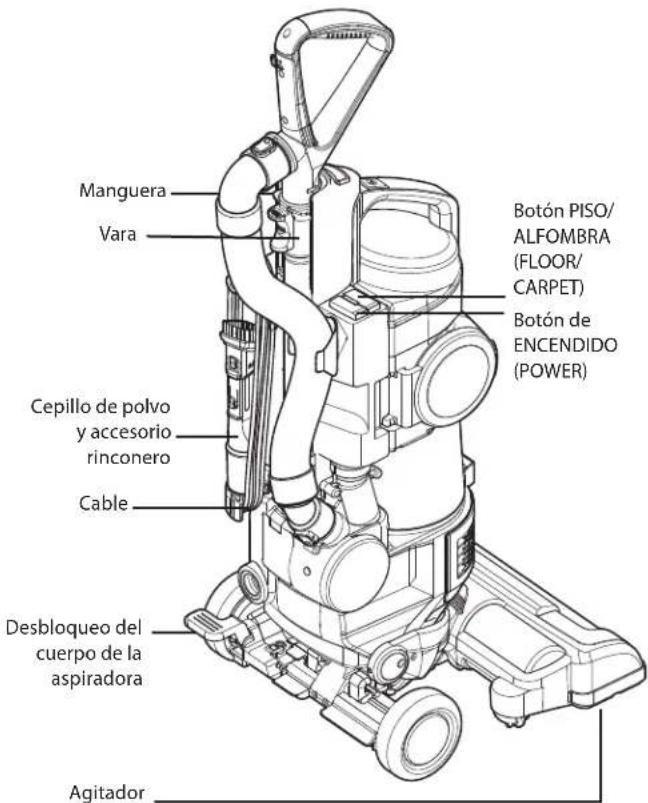 Manguera Vara Botón de ENCENDIDO (POWER) Cepillo de polvo y accesorio rinconero Cable Desbloqueo del cuerpo de la aspiradora Agitador Botón PISO/ ALFOMBRA (FLOOR/ CARPET)