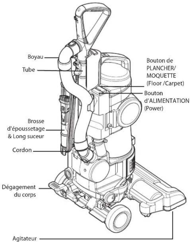 Boyau Tube Brosse d'épousetage & Long suceur Cordon Dégagement du corps Agitateur Bouton de PLANCHER/MOQUETTE (Floor /Carpet) Bouton d'ALIMENTATION (Power)