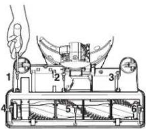 Technical diagram of a mechanical device with numbered components and hand operating it