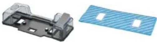 3D model of a plastic housing component with internal slots and a blue patterned rectangular plate (no text or symbols)