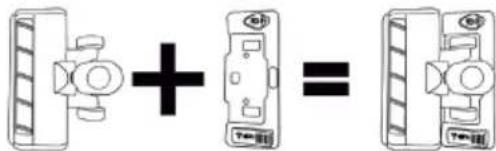 Diagram showing a device combining two components with a plus sign and equals sign, likely illustrating a basic addition or scaling concept.