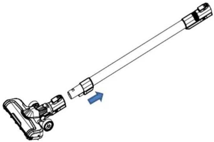 Diagram of a vacuum cleaner with a blue arrow indicating motion direction (no text or symbols)