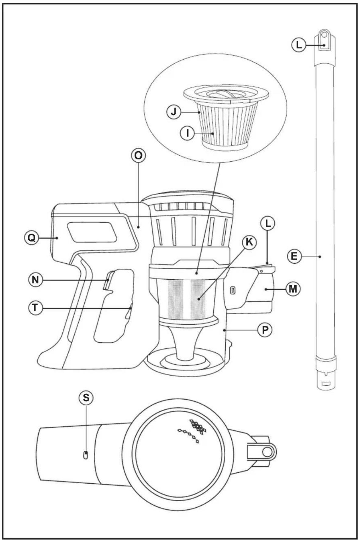 Technical diagram of a cleaning device with labeled parts including a brush holder, handlebars, and a cylindrical tube.