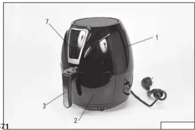 Labeled diagram of a black air fryer with numbered parts for identification