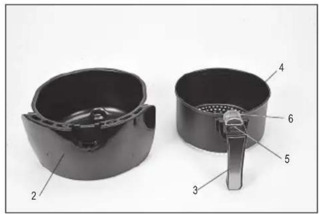 Technical diagram of a black air fryer with numbered parts labeled 2 through 6