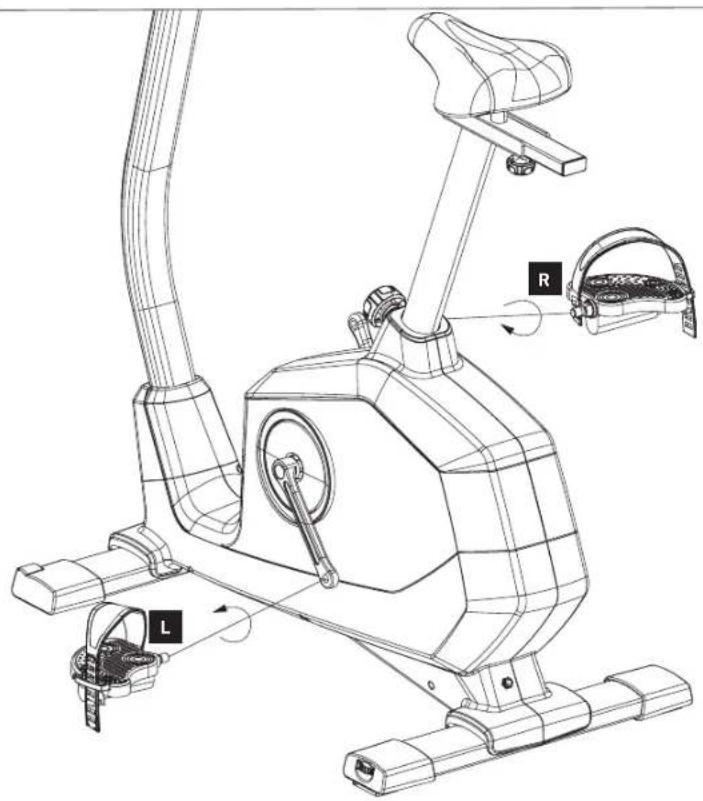 Technical line drawing of a stationary exercise bike with labeled components including leg, seat, and wheel.