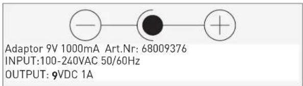 Adaptor 9V 1000mA Art.Nr: 68009376 INPUT:100-240VAC 50/60Hz OUTPUT: 9VDC 1A