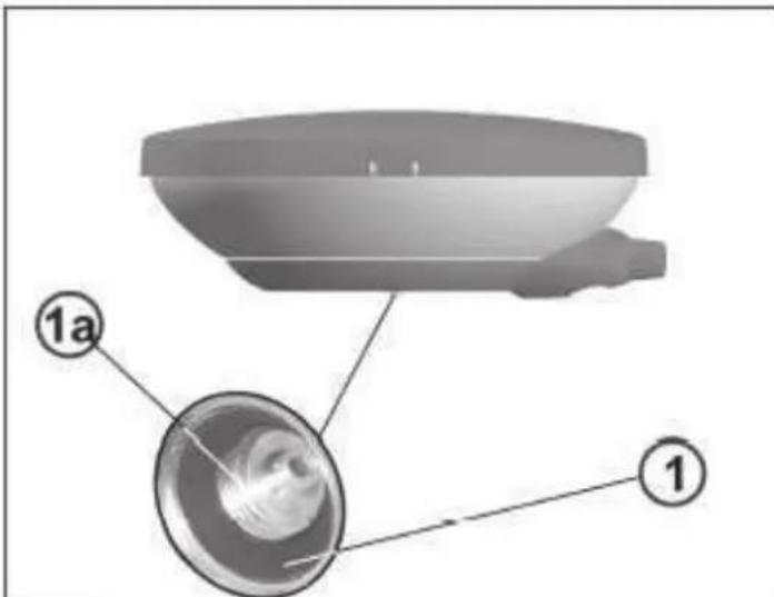 Diagram of a device with labeled parts, showing a circular component and a rectangular housing with internal structure.