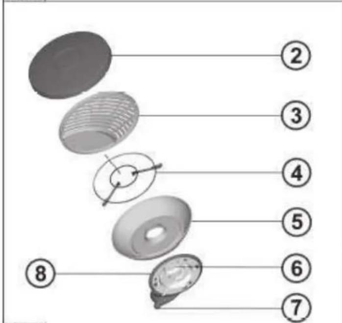 Diagram of a multi-layered mechanical component with numbered parts labeled 2 through 8