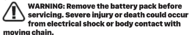 WARNING: Remove the battery pack before servicing. Severe injury or death could occur from electrical shock or body contact with moving chain.