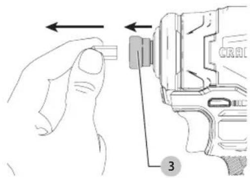 Diagram showing hand positioning and assembly of a device with labeled parts and directional arrows