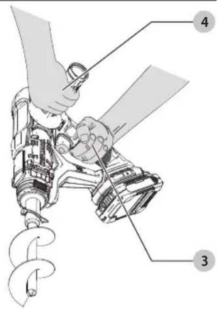 Technical diagram showing mechanical assembly with labeled parts 3 and 4, including a hook and tool.