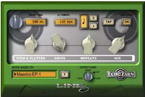 BEAT TIME 500 ms TIMPO 120 bpm 3 TAP ON TIME CAN WOW & FLUTTER DRIVE REPEATS MIX MODE BASED ON: Maestro EP-1 OUTPUT CAN ECHO FARM LINE