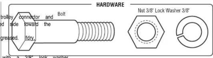 HARDWARE trolley connector and Bolt ed side toward the greased. fdry. with a 3/8" lock washer Nut 3/8" Lock Washer 3/8"