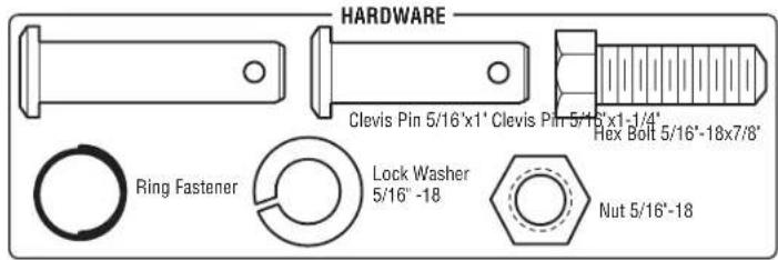 HARDWARE Clevis Pin 5/16'x1' Clevis Pin 5/16'x1-1/4" Hex Bolt 5/16'-18x7/8" Ring Fastener Lock Washer 5/16" -18 Nut 5/16"-18