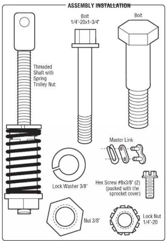 ASSEMBLY INSTALLATION Threaded Shaft with Spring Trolley Nut Bolt 1/4"-20x1-3/4" Bolt Master Link Lock Washer 3/8" Hex Screw #8x3/8" (2) (packed with the sprocket cover) Nut 3/8" Lock Nut 1/4"-20