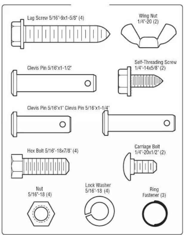 Lag Screw 5/16"-9x1-5/8" (4) Wing Nut 1/4"-20 (2) Clevis Pin 5/16"x1-1/2" Self-Threading Screw 1/4"-14x5/8" (2) Clevis Pin 5/16"x1" Clevis Pin 5/16"x1-1/4" Hex Bolt 5/16"-18x7/8" (4) Carriage Bolt 1/4"-20x1/2" (2) Nut 5/16"-18 (4) Lock Washer 5/16"-18 (4) Ring Fastener (3)