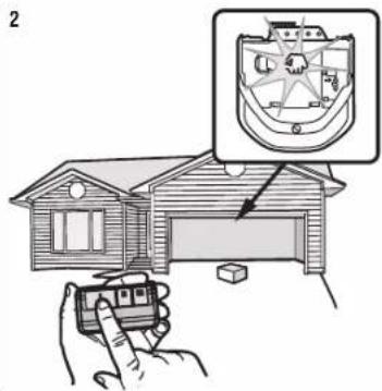 Diagram showing a hand holding a device next to a house, with an inset close-up of a mechanical component and labeled parts.