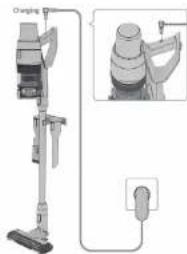 Diagram showing a vacuum cleaner with labeled components and an inset close-up of its internal structure.