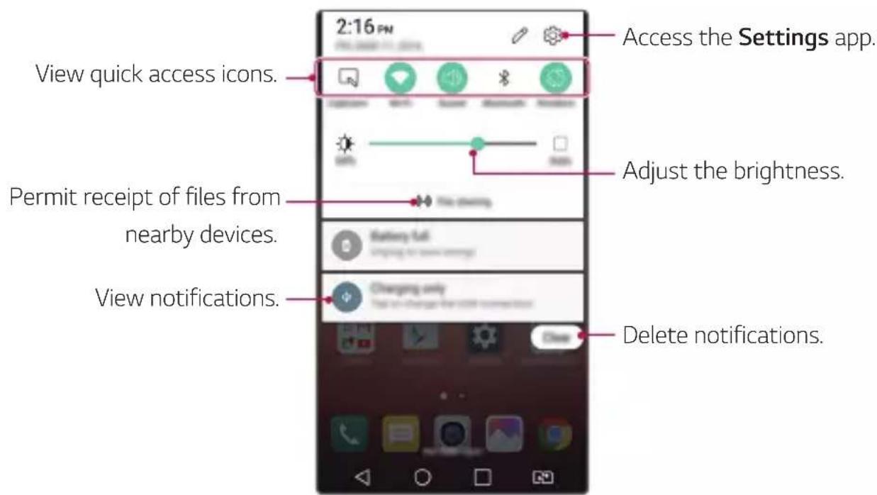 2:16 PM View quick access icons. Permit receipt of files from nearby devices. View notifications. Access the Settings app. Adjust the brightness. Delete notifications.