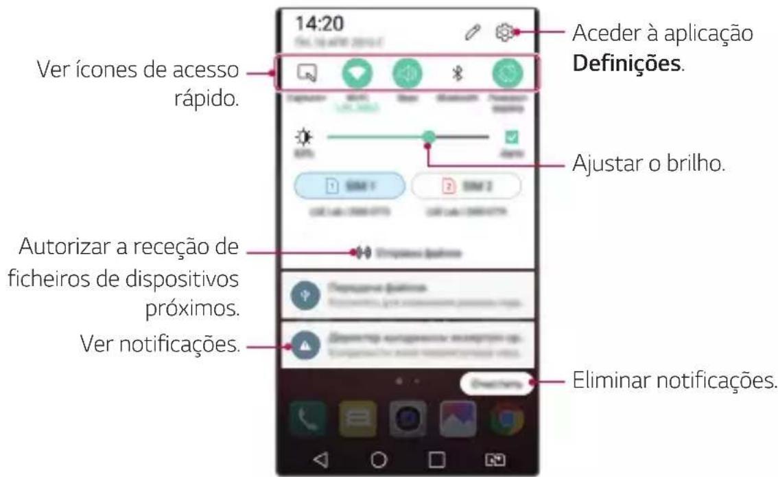 14:20 Ver ícones de acesso rápido. Aceder à aplicação Definições. Ajustar o brilho. Autorizar a receção de ficheiros de dispositivos próximos. Ver notificações. Eliminar notificações.