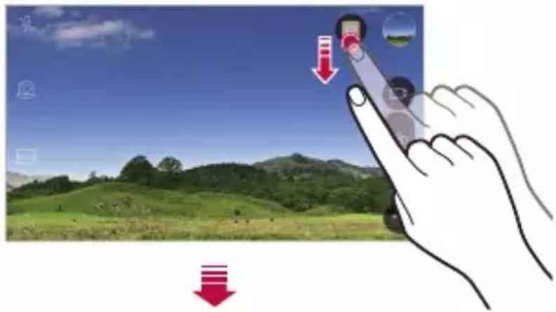 Diagram illustrating a hand interacting with a touchscreen device, showing red downward arrows and UI icons on the screen.