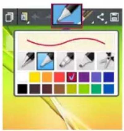 Screenshot of a graphic design software interface showing tool icons and a color palette with a red curved line overlay.